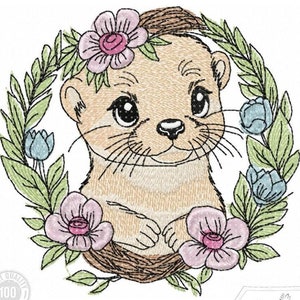 Könnte beinhalten: Ein niedlicher Cartoon-Otter mit großen Augen, der einen Blumenkranz trägt. Der Otter sitzt in einem Nest aus Blättern und Blumen. Die Blumen sind rosa, blau und grün.