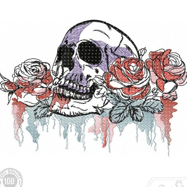 Skull Embroidery Design, Roses and Flowers Motif, Pattern for Machine embroidery design, pes, hus, dst, exp etc. INSTANT DOWNLOAD,