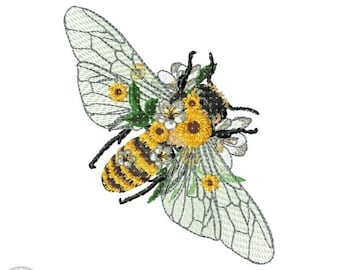 Bee Embroidery Design, Bee and Flowers Motif, for Machine embroidery embroidery design, pes, hus, dst, exp etc. INSTANT DOWNLOAD,