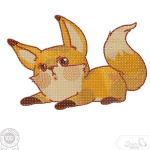 May include: A cute cartoon fox with big eyes and a heart on its tail. The fox is lying down with its paws outstretched. The fox is embroidered in shades of orange, yellow, and brown.