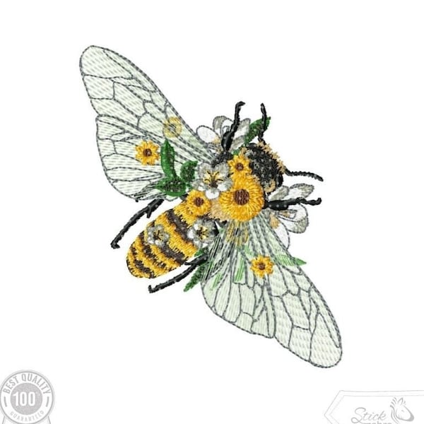 Bee Embroidery Design, Bee and Flowers Motif, for Machine embroidery embroidery design, pes, hus, dst, exp etc. INSTANT DOWNLOAD,