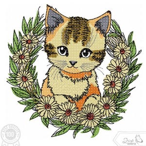 Cat Embroidery Design, Baby Kitten with Flower Frame Summer Motive, Patterns for Machine embroidery design, pes, hus, dst, INSTANT DOWNLOAD