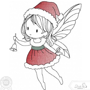Peut inclure: Illustration d'une fée portant un chapeau et une robe rouges de Père Noël avec des bordures blanches. La fée tient une cloche et du houx, avec des ailes détaillées. Le design est une image festive sur le thème des fêtes, idéale pour la broderie.