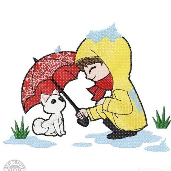 Boy Embroidery Design, Boy with Dog and Umbrella Motif, Pattern for Machine embroidery design, pes, hus, dst, exp etc. INSTANT DOWNLOAD,