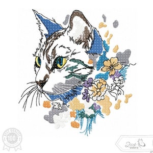 花猫刺繍デザイン、猫花ボヘミアンスタイルモチーフ、機械刺繍デザイン、pes、hus、dst、expなどのパターン。インスタントダウンロード