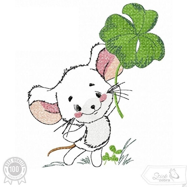 Lucky Mouse Embroidery Design, Mouse and Shamrock Motif, Pattern for Machine embroidery design, pes, hus, dst, exp etc. INSTANT DOWNLOAD,