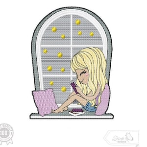 May include: A girl sits by a window reading a book. The window has a white frame and is decorated with gold stars. The girl has blonde hair and is wearing a blue shirt and denim shorts. She is sitting on a purple pillow.