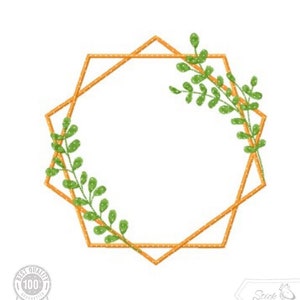 以下が含まれることがあります： 白い背景に緑の葉がついた金色の幾何学模様のフレーム。フレームは8角形で、二重の輪郭があります。