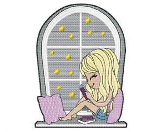 Reading Girl Embroidery Design, Book Lover Machine Embroidery Pattern, Girl Reading Embroidery, Bookworm Embroidery, Instant Download