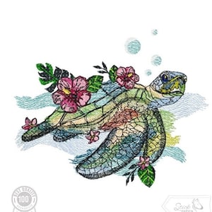 ウミガメ刺繍デザイン、カメと花のモチーフ、機械刺繍デザインのパターン、pes、hus、dst、expなど。インスタントダウンロード