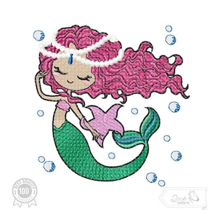May include: Embroidered design of a pink-haired mermaid with a pearl crown, green tail, and pink starfish. The mermaid is surrounded by blue bubbles.