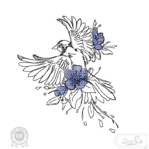 Bird Embroidery Design, Doodle Bird and Flowers Motif, Pattern for Machine embroidery design, pes, hus, dst, exp etc. INSTANT DOWNLOAD,