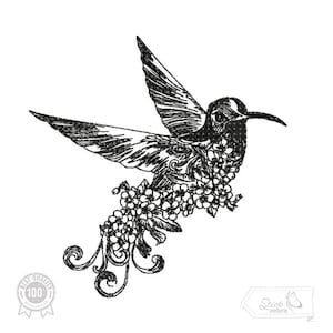 Hummingbird Embroidery Design, Bird and Doodle Motif, Pattern for Machine embroidery design, pes, hus, dst, exp etc. INSTANT DOWNLOAD,