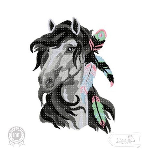 Horse Embroidery Design, Boho Horse with Feather Motif, Pattern for Machine embroidery design, pes, hus, dst, exp etc. INSTANT DOWNLOAD,