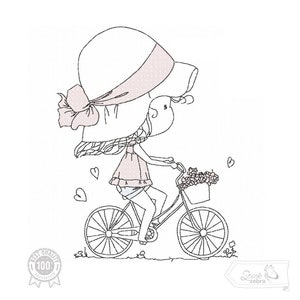 Könnte beinhalten: Eine Strichzeichnung eines Mädchens, das einen rosa Hut und ein rosa Kleid trägt und ein Fahrrad mit einem Blumenkorb fährt. Das Mädchen schaut nach rechts und im Hintergrund sind Herzen zu sehen.