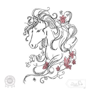 馬の刺繍デザイン、馬と花のモチーフ、機械刺繍デザインのパターン、pes、hus、dst、expなど。インスタントダウンロード、