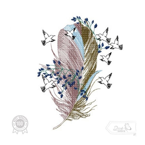 Feather Embroidery Design, Feather with Bird Motif, Pattern for Machine embroidery design, pes, hus, dst, exp etc. INSTANT DOWNLOAD,