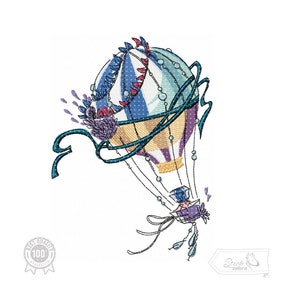 May include: A whimsical hot air balloon with a blue, white and yellow striped pattern, adorned with lavender flowers and a teal ribbon. The balloon is tied to a small, purple gift box with a bow.