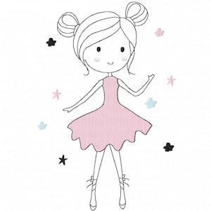 Könnte beinhalten: Eine Strichzeichnung eines Mädchens, das ein rosa Kleid und Ballerinas trägt. Sie hat ihre Haare zu Zöpfen geflochten und ist von kleinen Sternen in verschiedenen Farben umgeben.