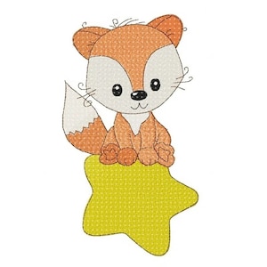 Puede incluir: Un lindo zorro de dibujos animados con pelaje naranja y vientre blanco se sienta sobre una estrella amarilla. El zorro tiene ojos grandes, una pequeña nariz negra y una expresión feliz.