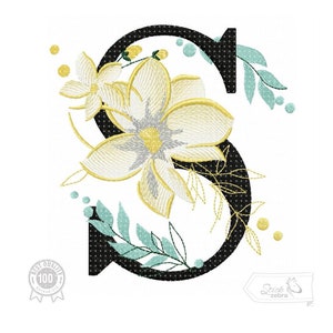 Letter S Embroidery Design, Flowers and Alphabet Motive, Patterns for Machine embroidery design, pes, hus, dst, exp etc.INSTANT DOWNLOAD
