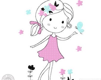 Cut flower Girl  Embroidery Design, Doodle Application Girl Pattern for Machine embroidery design, pes, hus, dst, exp etc. INSTANT DOWNLOAD
