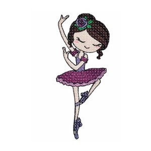 Könnte beinhalten: Ein gestickter Aufnäher einer Ballerina mit einem lila Tutu und einer Rose im Haar.