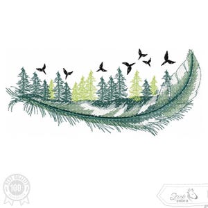 Könnte beinhalten: Eine grüne Feder mit einer Waldszene im Inneren. Die Feder ist weiß umrandet und hat einen hellgrünen Hintergrund. Kleine schwarze Vögel fliegen über dem Wald.