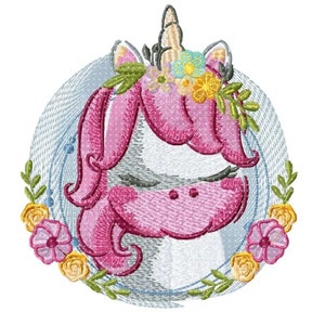 Diseño de bordado de unicornio bebé, motivo de flores y unicornio, patrón para diseño de bordado a máquina, pes, hus, dst, exp, etc. DESCARGA INSTANTÁNEA,