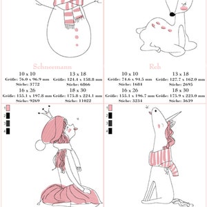 以下が含まれることがあります： 雪だるま、鹿、プリンセス、ユニコーンの4つの異なる刺繍デザイン。各デザインは、4つの異なるサイズで表示され、各デザインの下に寸法とステッチ数が表示されています。