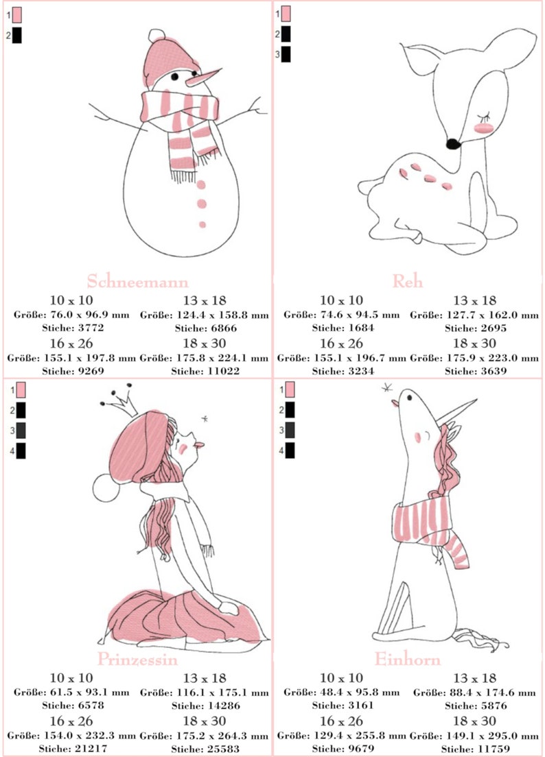以下が含まれることがあります： 雪だるま、鹿、プリンセス、ユニコーンの4つの異なる刺繍デザイン。各デザインは、4つの異なるサイズで表示され、各デザインの下に寸法とステッチ数が表示されています。