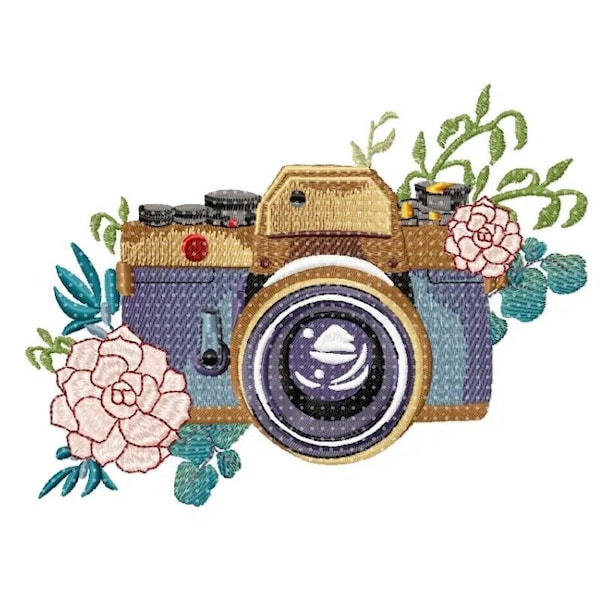 Camera Embroidery Design, Camera with flower Motif, Pattern for Machine embroidery design, pes, hus, dst, exp etc. INSTANT DOWNLOAD,