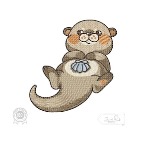 以下が含まれることがあります： 青い貝殻を持った茶色とベージュの漫画のオッター。オッターは背中に寝転がって、足を上げています。オッターは大きく可愛い漫画の顔をしていて、大きな目と小さな鼻をしています。