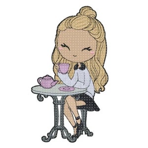 Girl  Embroidery Design, Gril and Bistro Motif, Pattern for Machine embroidery design, pes, hus, dst, exp etc. INSTANT DOWNLOAD,