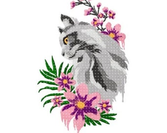 Cat Embroidery Design, Cat with Flowers Motif, Pattern for Machine embroidery design, pes, hus, dst, exp etc. INSTANT DOWNLOAD,