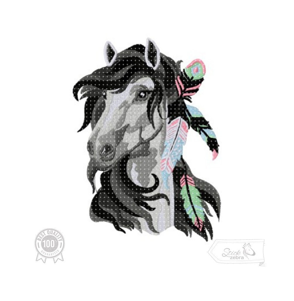 Horse Embroidery Design, Boho Horse with Feather Motif, Pattern for Machine embroidery design, pes, hus, dst, exp etc. INSTANT DOWNLOAD,