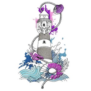 Könnte beinhalten: Eine Schwarzweiß-Zeichnung eines Leuchtturms mit einem Seil darum gewickelt. Der Leuchtturm ist von blauen und violetten Aquarellspritzer, Muscheln und Wellen umgeben.