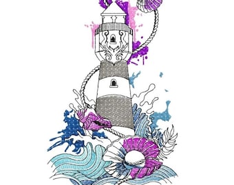 Lighthouse  Embroidery Design, lighthouse and water Motif, Pattern for Machine embroidery design, pes, hus, dst, exp etc. INSTANT DOWNLOAD,