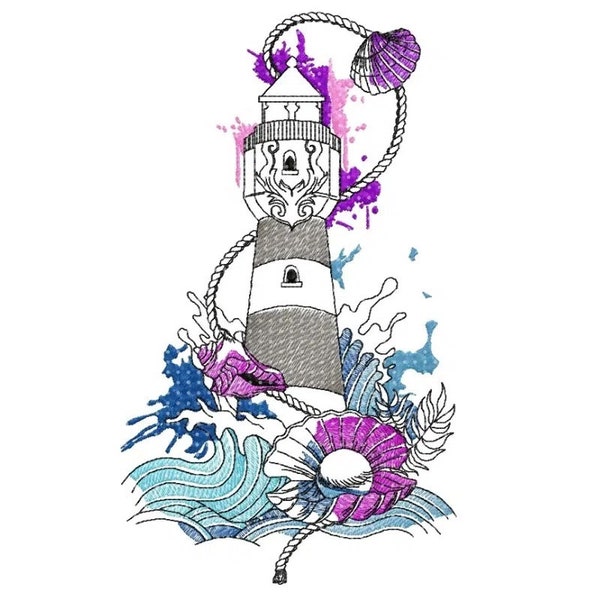 Lighthouse  Embroidery Design, lighthouse and water Motif, Pattern for Machine embroidery design, pes, hus, dst, exp etc. INSTANT DOWNLOAD,