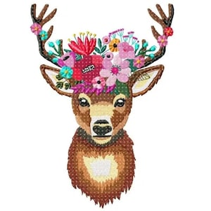 Deer Embroidery Design, deer with wreath of flowers Motif, Pattern for Machine embroidery design, pes, hus, dst, exp etc. INSTANT DOWNLOAD,
