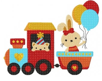 Birthday Train Embroidery Design, Train with Bunnys, Pattern for Machine embroidery design, pes, hus, dst, exp etc. INSTANT DOWNLOAD,