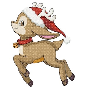 May include: A brown and white cartoon reindeer wearing a red and white Santa hat with a gold bell around its neck. The reindeer has antlers and is running.