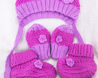 Baby gift set, Gender Neutral Baby booties, bonnet, booties and mittens, hand knit, hand knitted, gift under 30, new mum gift, baby shower