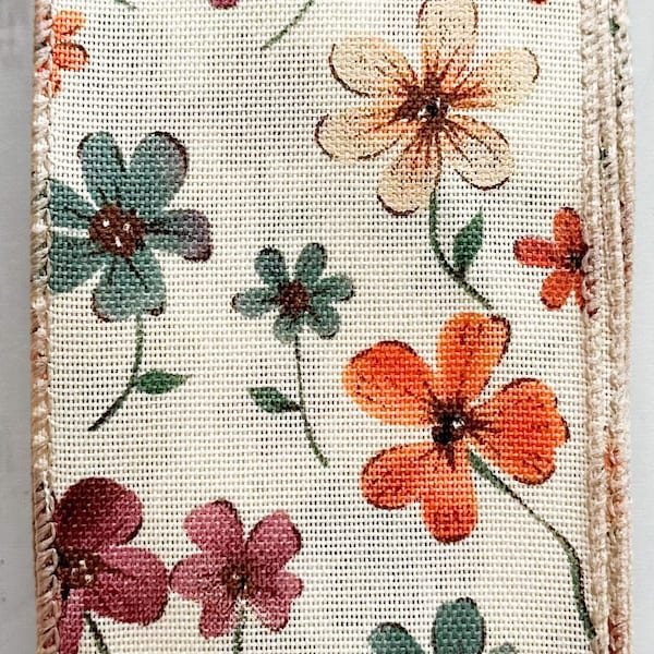 Cream Colored Canvas with Dainty Pansy Looking Multi-Colored Flowers 5 Yards 2.5" Wire Edge Ribbon Spring/Summer/Bright Colors