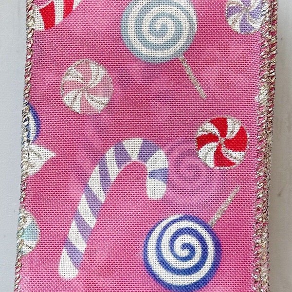 Candy Canes and Candy Winter and CHRISTMAS 5 YARDS-2.5" Wide Wire Edge Ribbon Pink and Swirly Canvas