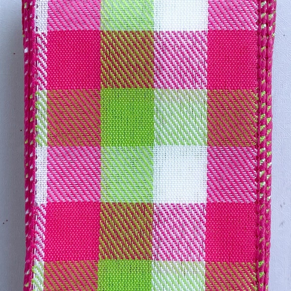 Pink Green and White Buffalo Plaid Plaid 5 Yards 2.5" Wire Edge Ribbon Spring/Summer/Bright Colors Craft Project Bow Making Wreath Making