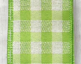 Lime Green and Cream Gingham Buffalo Plaid 5 YARDS-2.5" Wide Wire Edge Ribbon