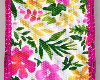 Watercolor Flowers on Linen Ribbon: Fuchsia & Yellow 5 Yards 2.5" Wire Edge Spring/Summer/Bright Colors Craft Project Bow Making Wreath