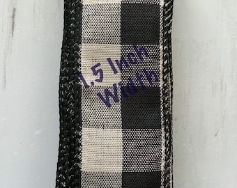Black and Tan Buffalo Plaid 5 YARDS-1.5" Wide Wire Edge Ribbon for Crafting Wreath Supply Fall Decor