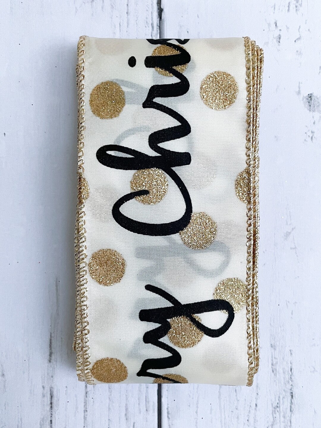 Merry Christmas Cursive With Gold Dots CHRISTMAS 5 Yards-2.5